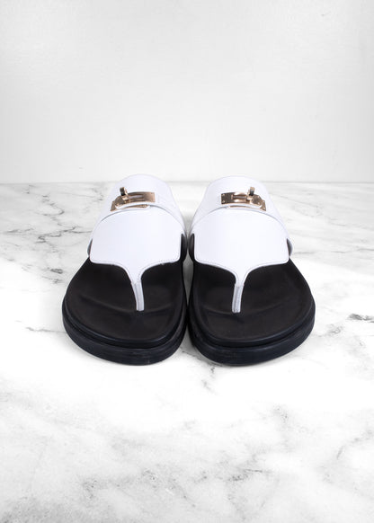 Hermès Empire White Calfskin Kelly Buckle Thong Sandals