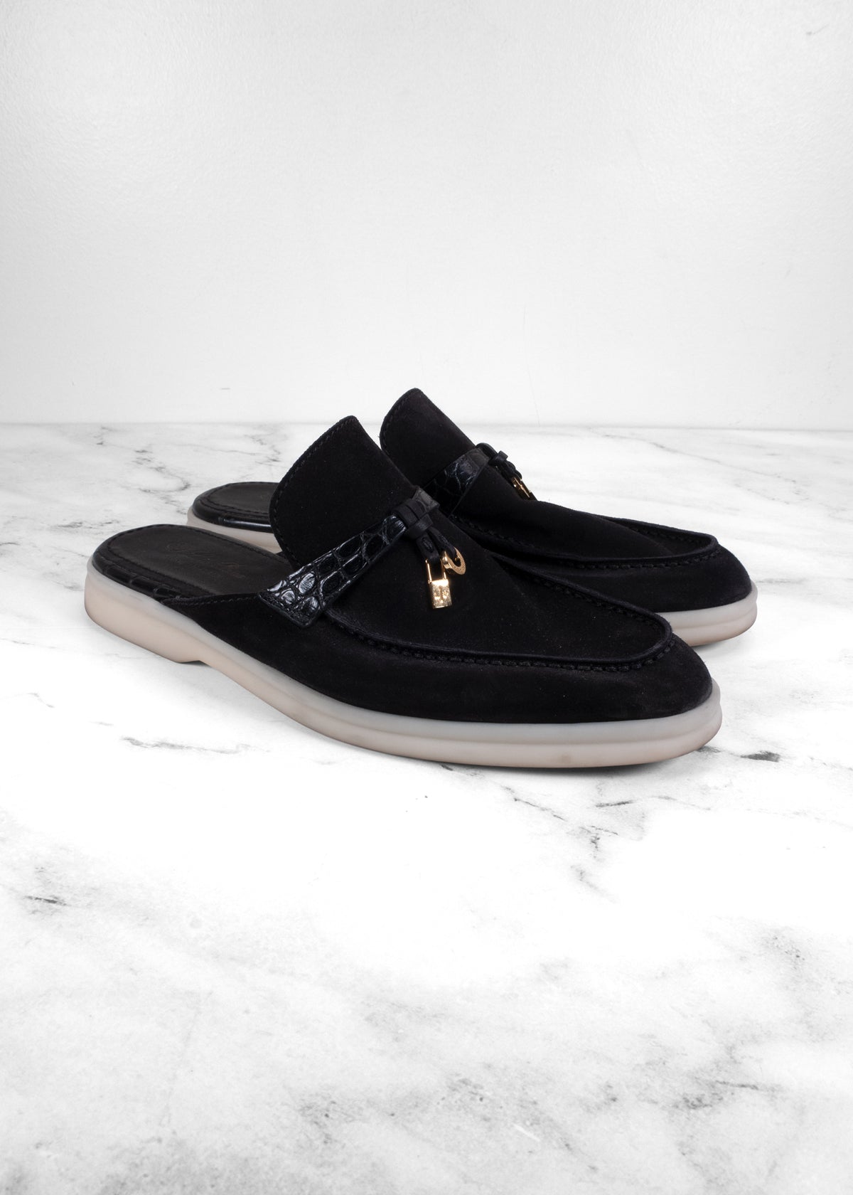 Loro Piana Black Suede & Crocodile Summer Charms Mules