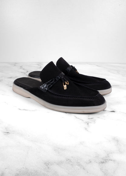 Loro Piana Black Suede & Crocodile Summer Charms Mules