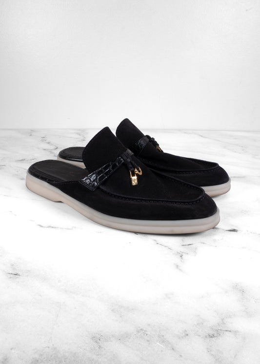 Loro Piana Black Suede & Crocodile Summer Charms Mules