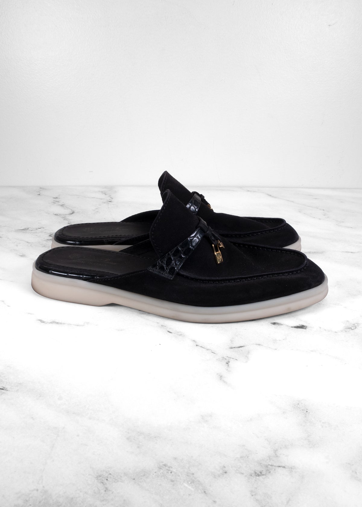 Loro Piana Black Suede & Crocodile Summer Charms Mules