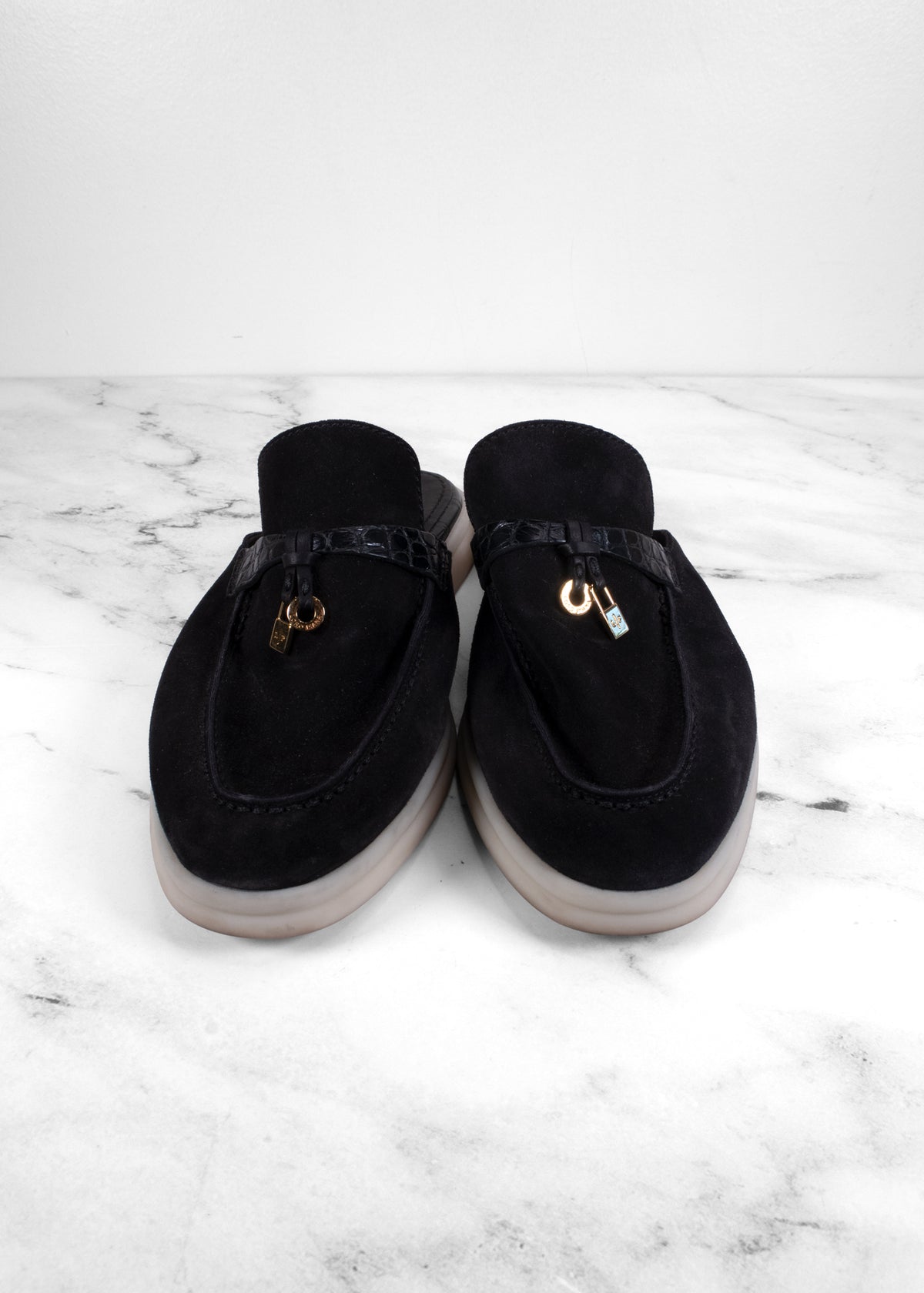 Loro Piana Black Suede & Crocodile Summer Charms Mules