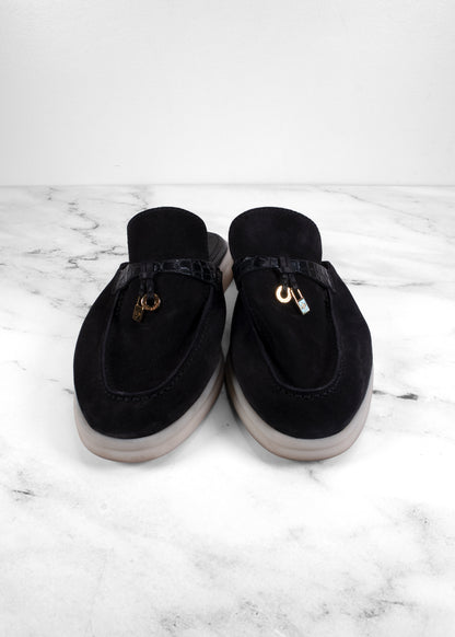 Loro Piana Black Suede & Crocodile Summer Charms Mules