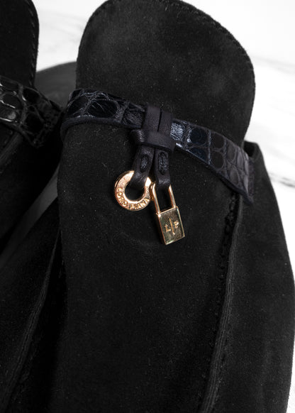 Loro Piana Black Suede & Crocodile Summer Charms Mules