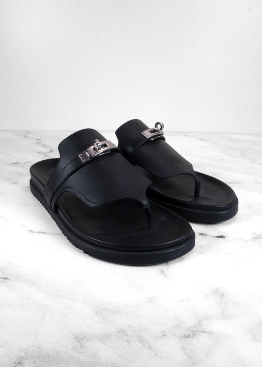 Hermès Empire Noir Calfskin Palladium Kelly Buckle Thong Sandals