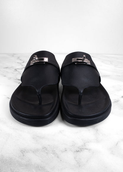 Hermès Empire Noir Calfskin Palladium Kelly Buckle Thong Sandals