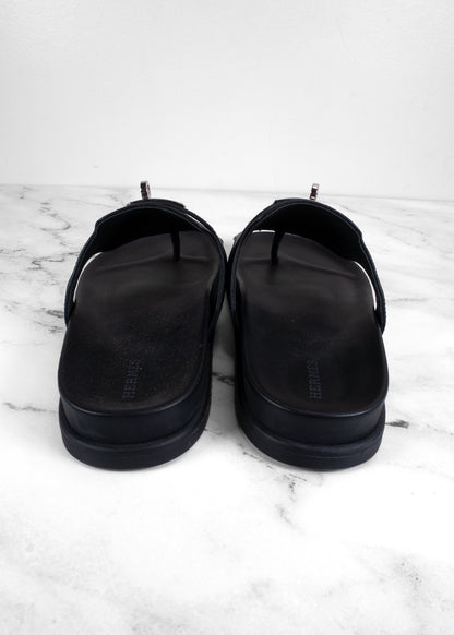 Hermès Empire Noir Calfskin Palladium Kelly Buckle Thong Sandals