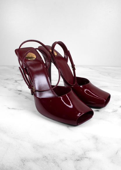 Saint Laurent Burgundy Patent Leather Peep-Toe Slingback Pumps