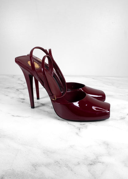 Saint Laurent Burgundy Patent Leather Peep-Toe Slingback Pumps