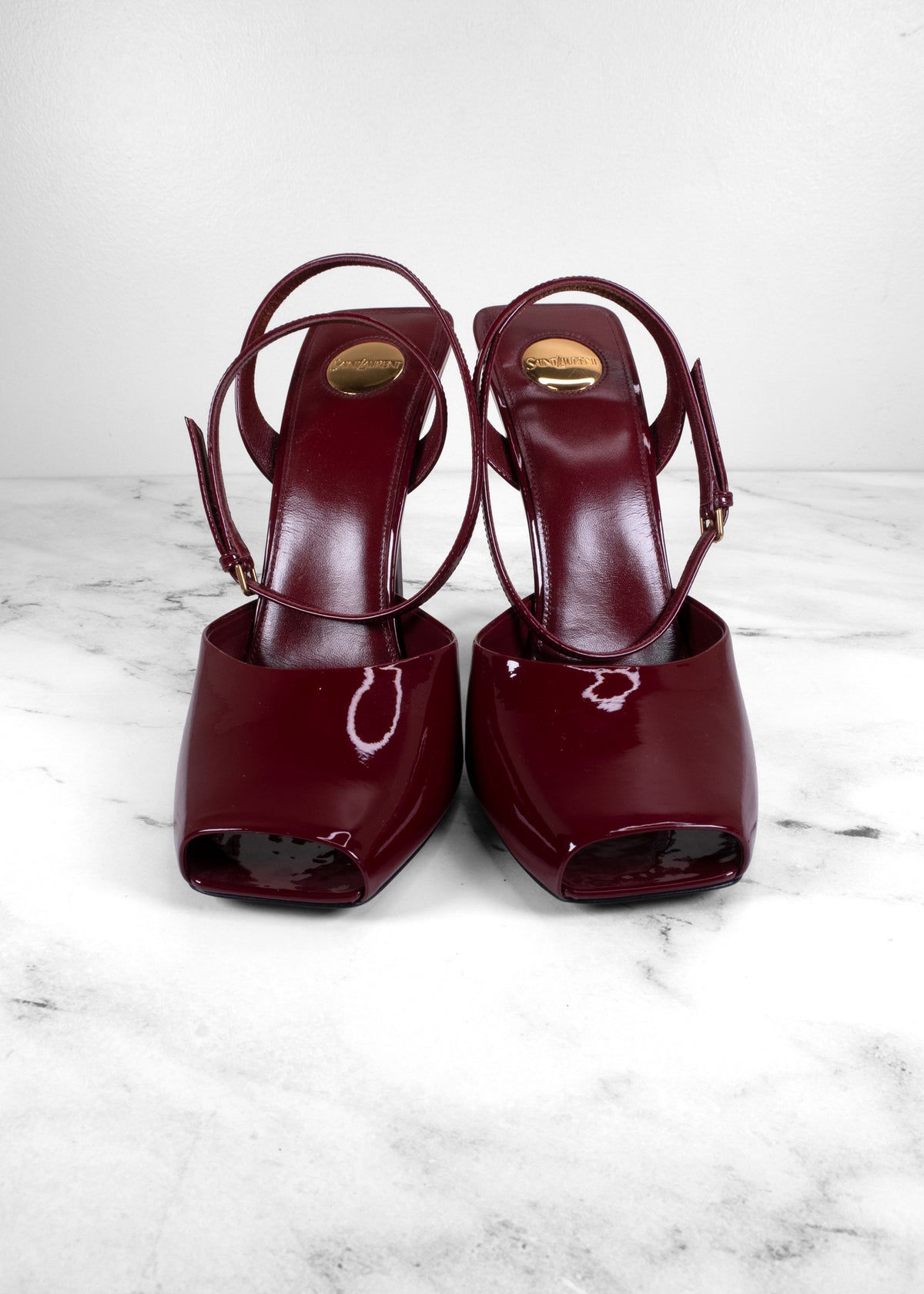 Saint Laurent Burgundy Patent Leather Peep-Toe Slingback Pumps