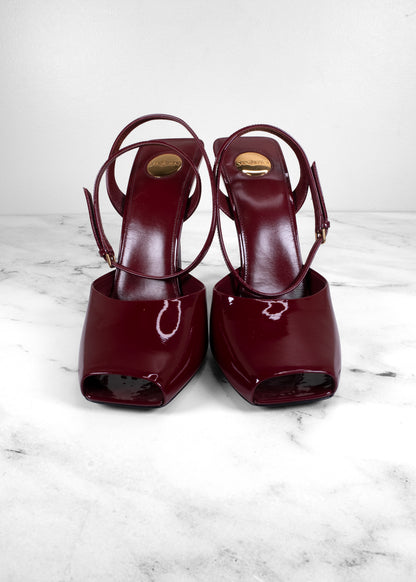 Saint Laurent Burgundy Patent Leather Peep-Toe Slingback Pumps