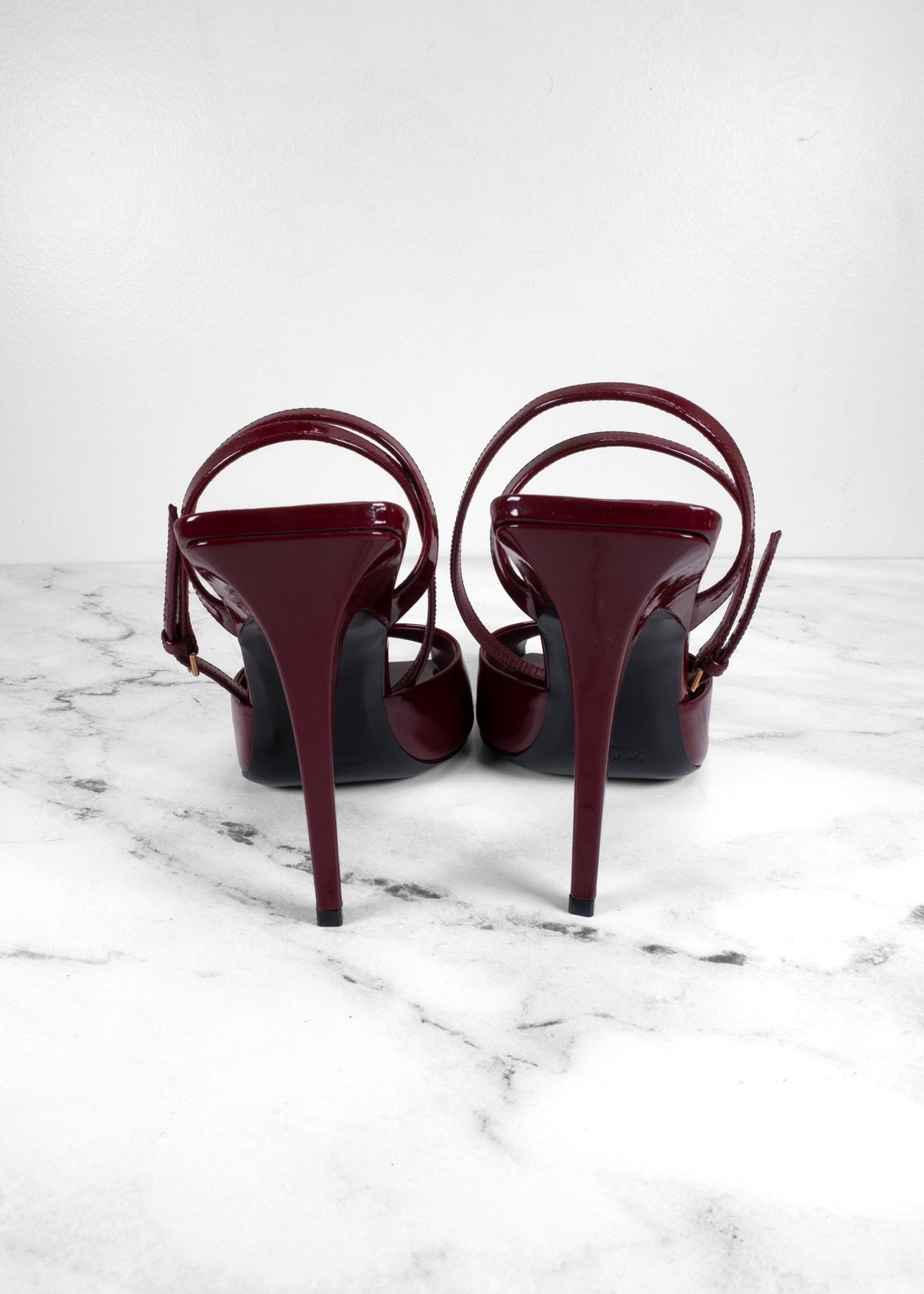 Saint Laurent Burgundy Patent Leather Peep-Toe Slingback Pumps
