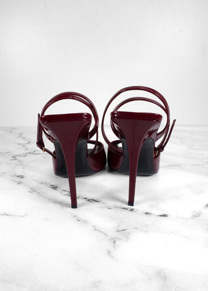 Saint Laurent Burgundy Patent Leather Peep-Toe Slingback Pumps