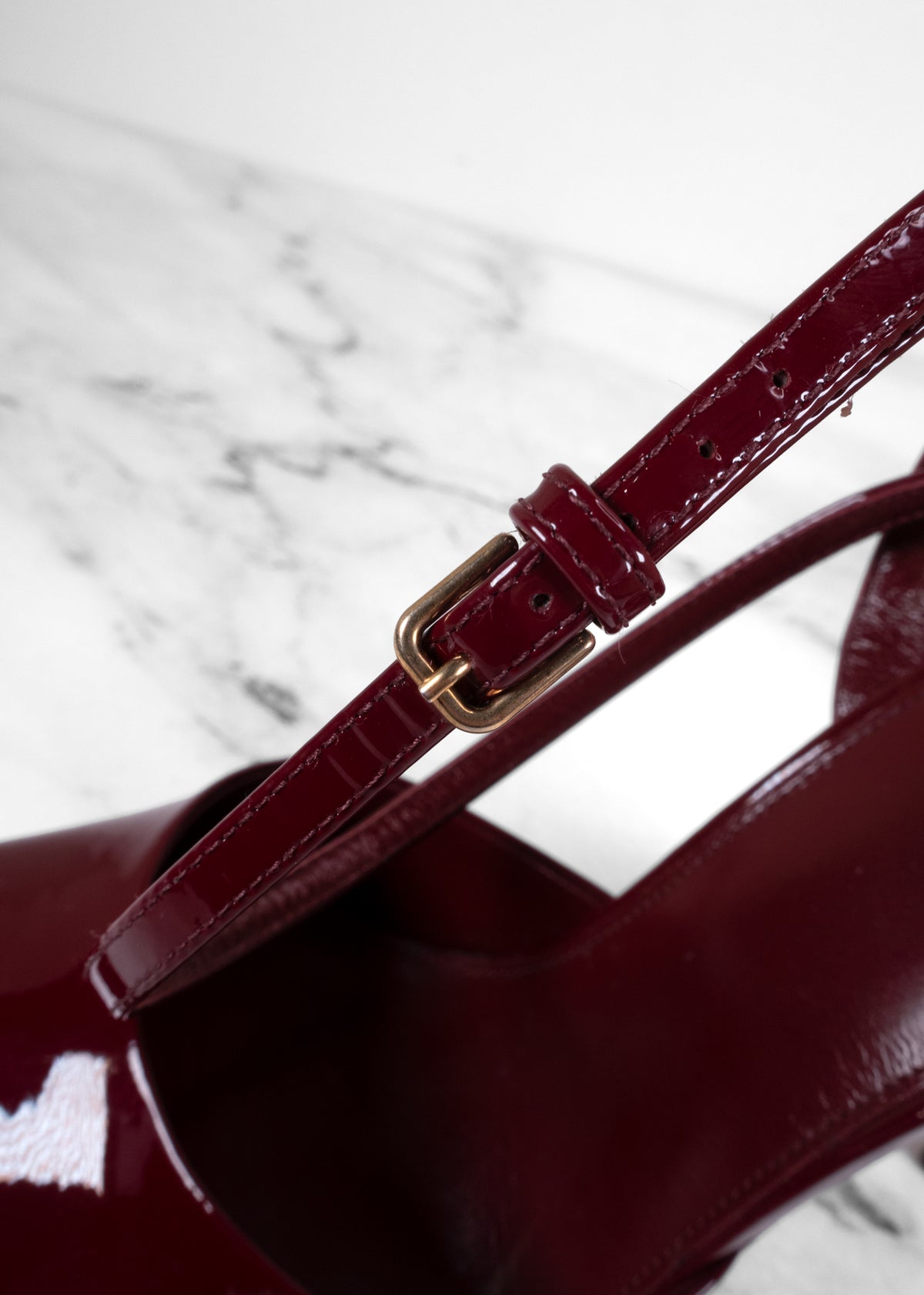 Saint Laurent Burgundy Patent Leather Peep-Toe Slingback Pumps