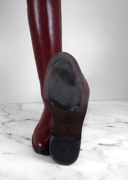 Brunello Cucinelli Burgundy Leather Rear-Zip Riding Boots
