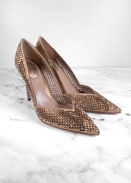 René Caovilla Bronze Crystal Laser-Cut Mesh Pointed Toe Pumps