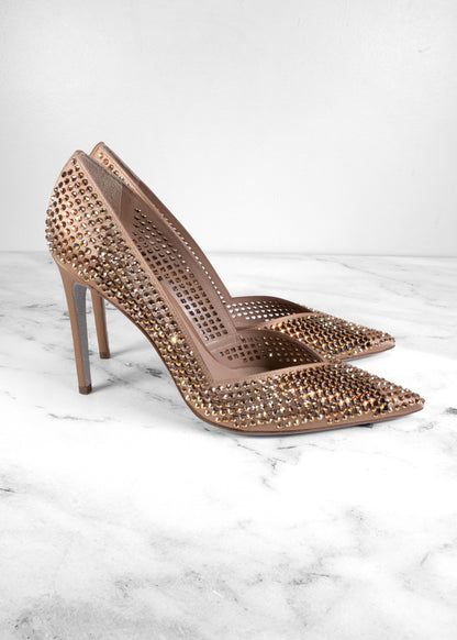 René Caovilla Bronze Crystal Laser-Cut Mesh Pointed Toe Pumps