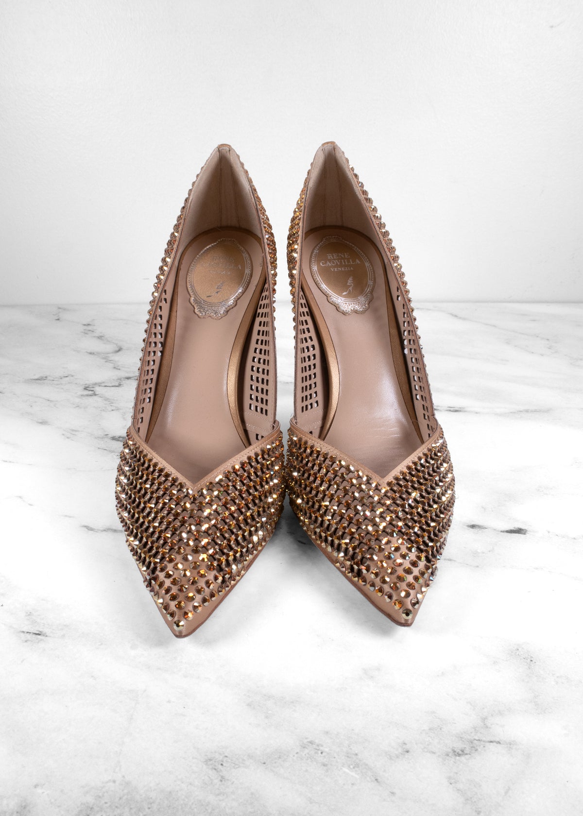 René Caovilla Bronze Crystal Laser-Cut Mesh Pointed Toe Pumps