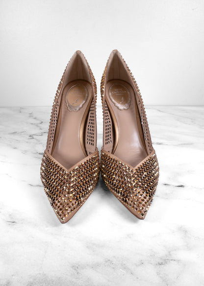 René Caovilla Bronze Crystal Laser-Cut Mesh Pointed Toe Pumps