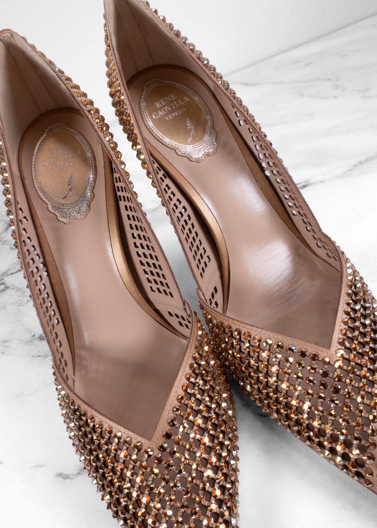 René Caovilla Bronze Crystal Laser-Cut Mesh Pointed Toe Pumps