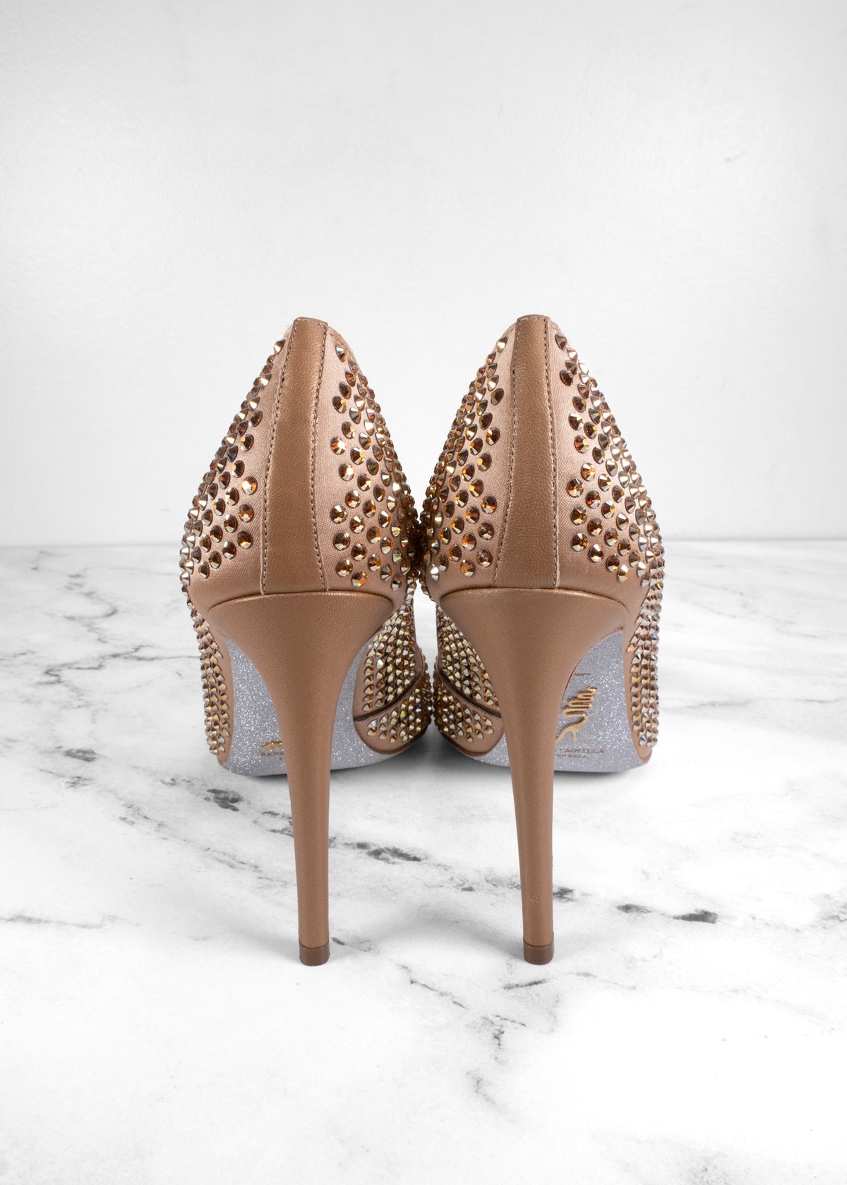 René Caovilla Bronze Crystal Laser-Cut Mesh Pointed Toe Pumps