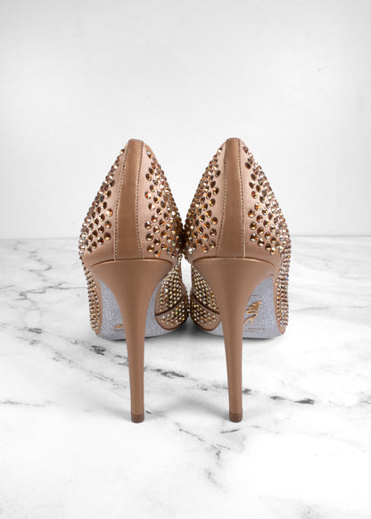 René Caovilla Bronze Crystal Laser-Cut Mesh Pointed Toe Pumps