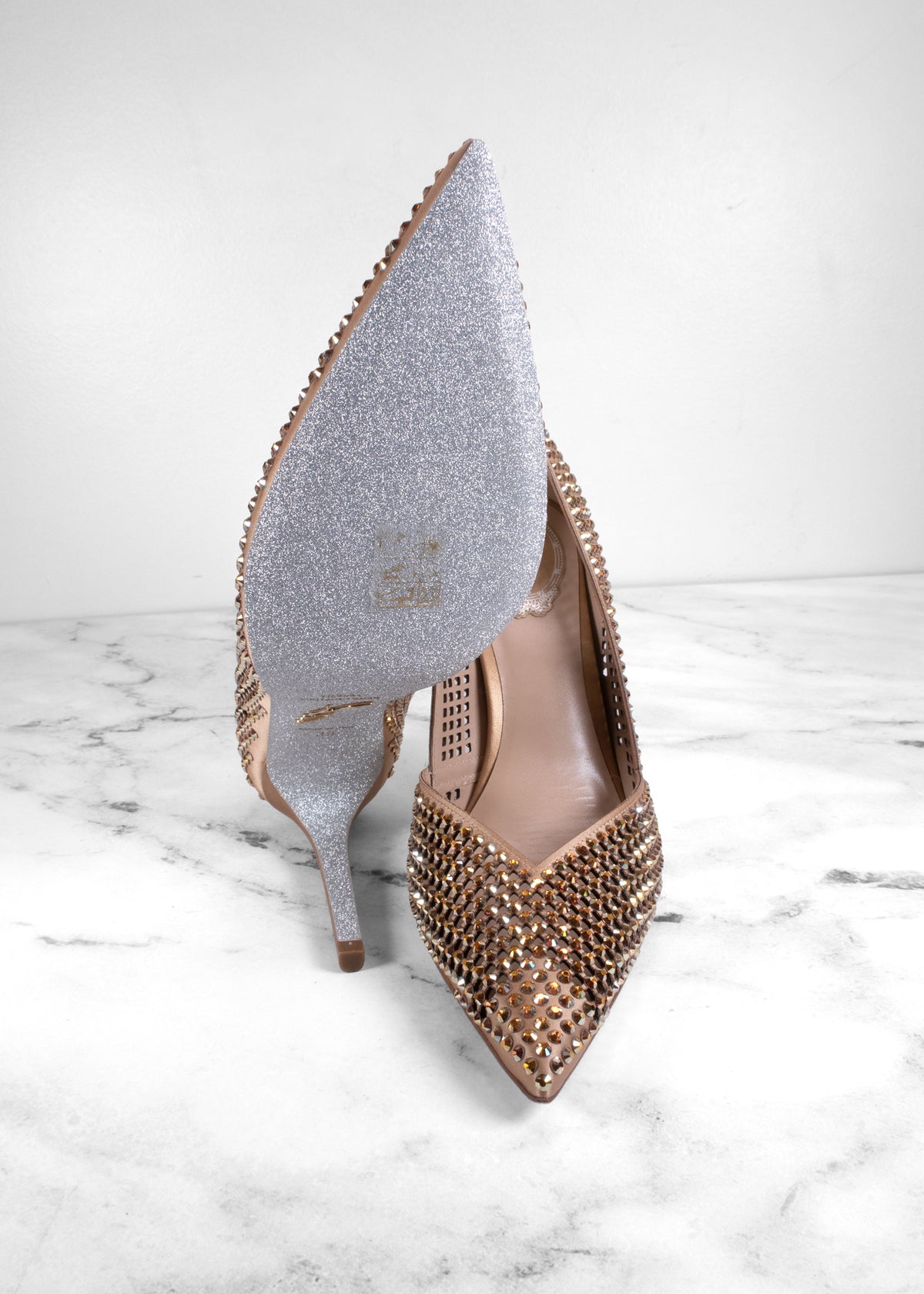 René Caovilla Bronze Crystal Laser-Cut Mesh Pointed Toe Pumps
