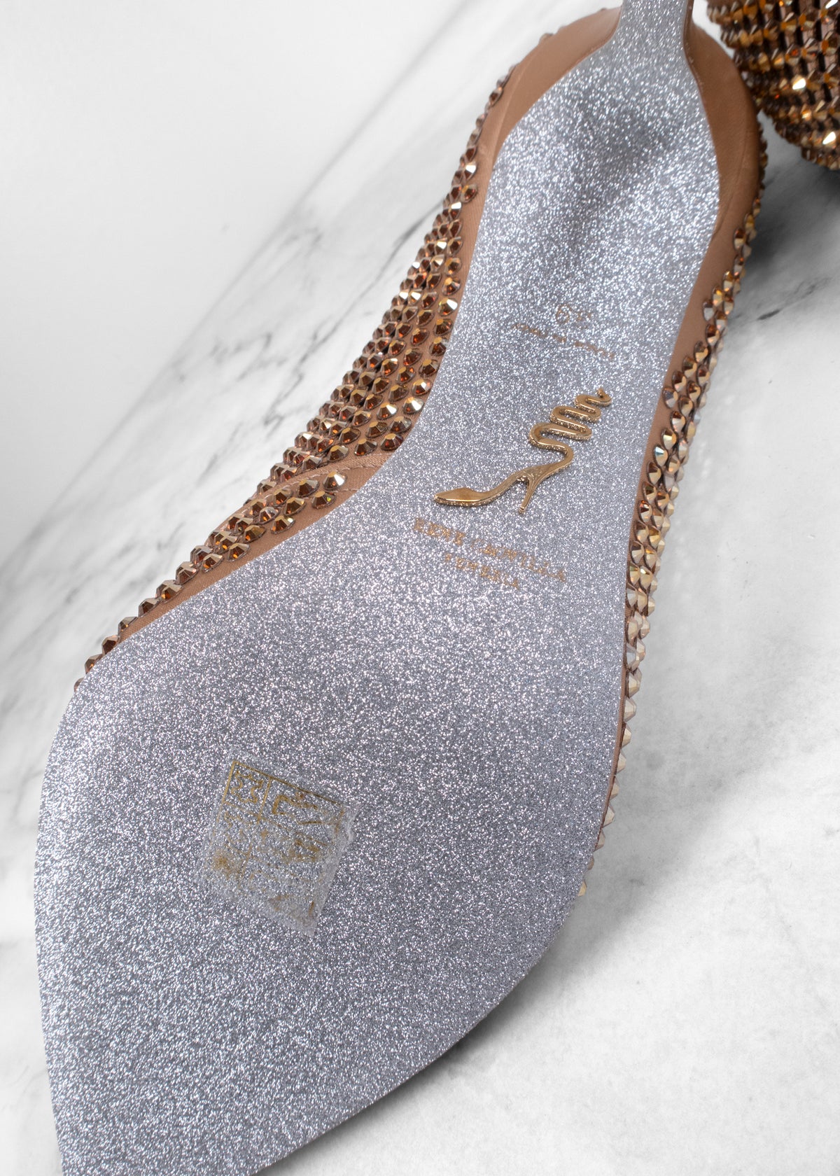 René Caovilla Bronze Crystal Laser-Cut Mesh Pointed Toe Pumps