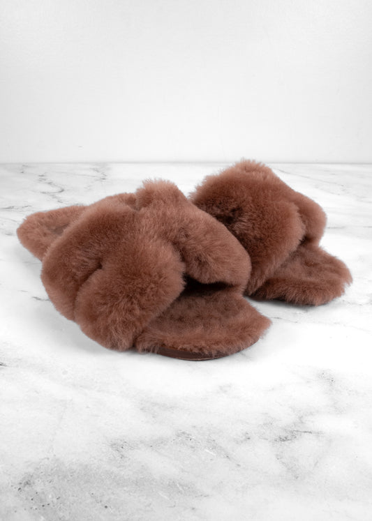 Hermès Taupe Shearling Oran Sandals