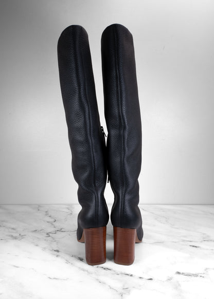 Khaite Black Pebbled Leather Center-Seam Wooden Block Heel Knee-High Boots