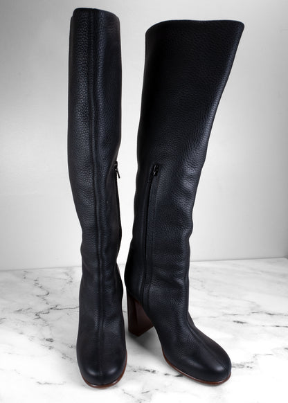 Khaite Black Pebbled Leather Center-Seam Wooden Block Heel Knee-High Boots