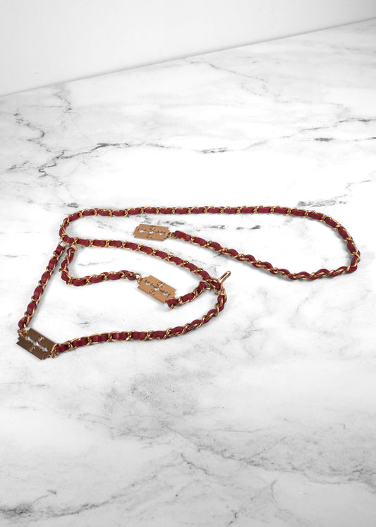 Chanel Vintage 2004 Red Leather Razor Blade CC Gold Chain Belt