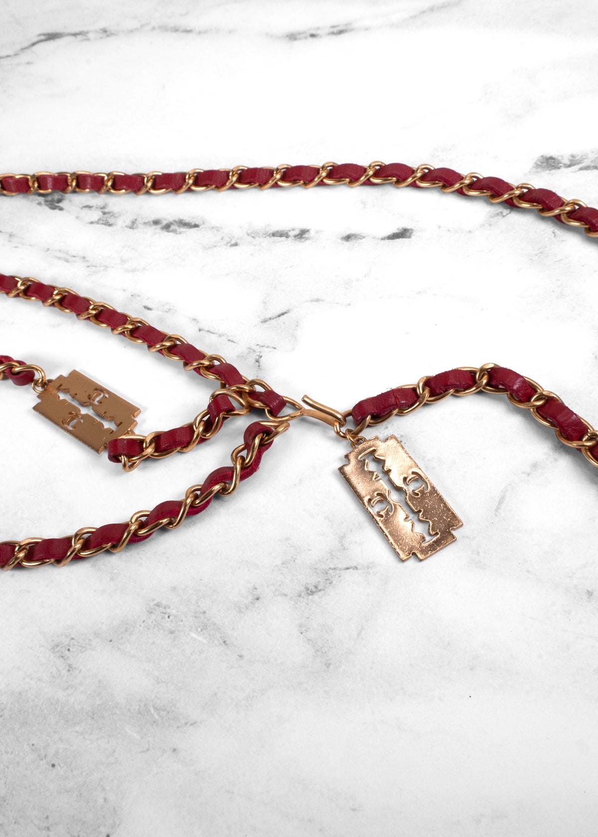 Chanel Vintage 2004 Red Leather Razor Blade CC Gold Chain Belt