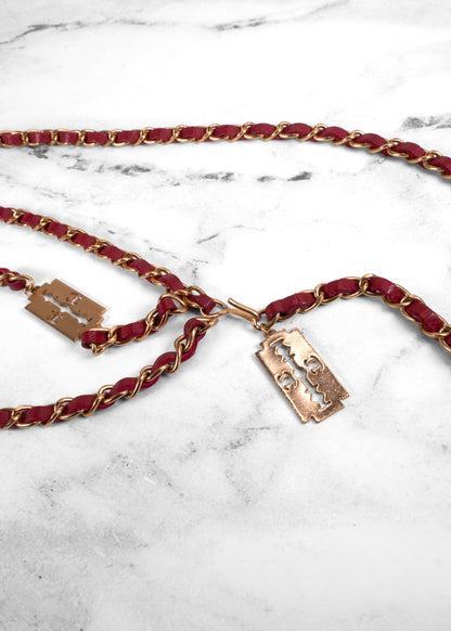 Chanel Vintage 2004 Red Leather Razor Blade CC Gold Chain Belt