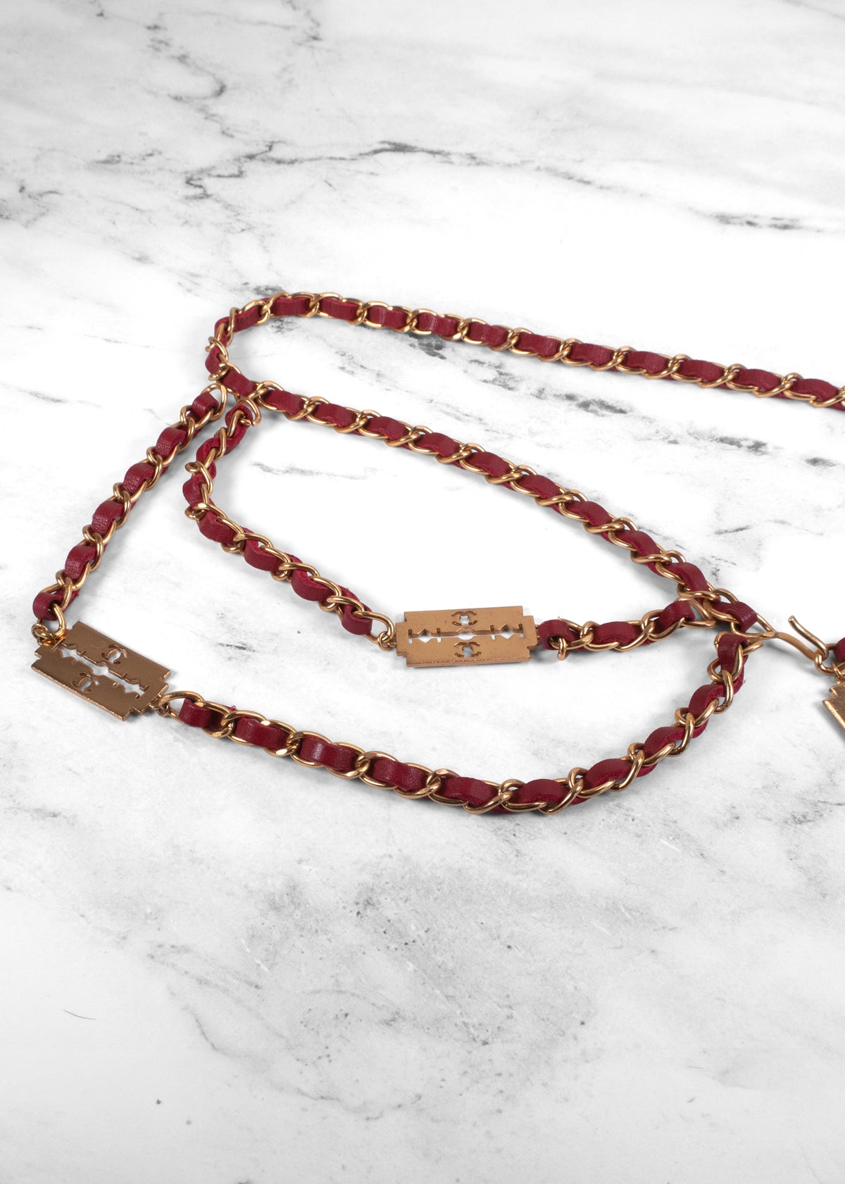 Chanel Vintage 2004 Red Leather Razor Blade CC Gold Chain Belt