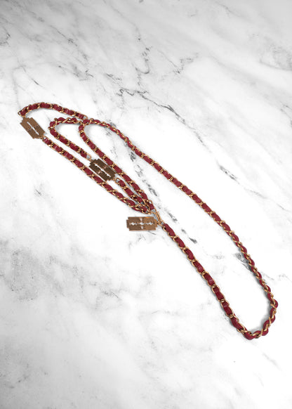 Chanel Vintage 2004 Red Leather Razor Blade CC Gold Chain Belt