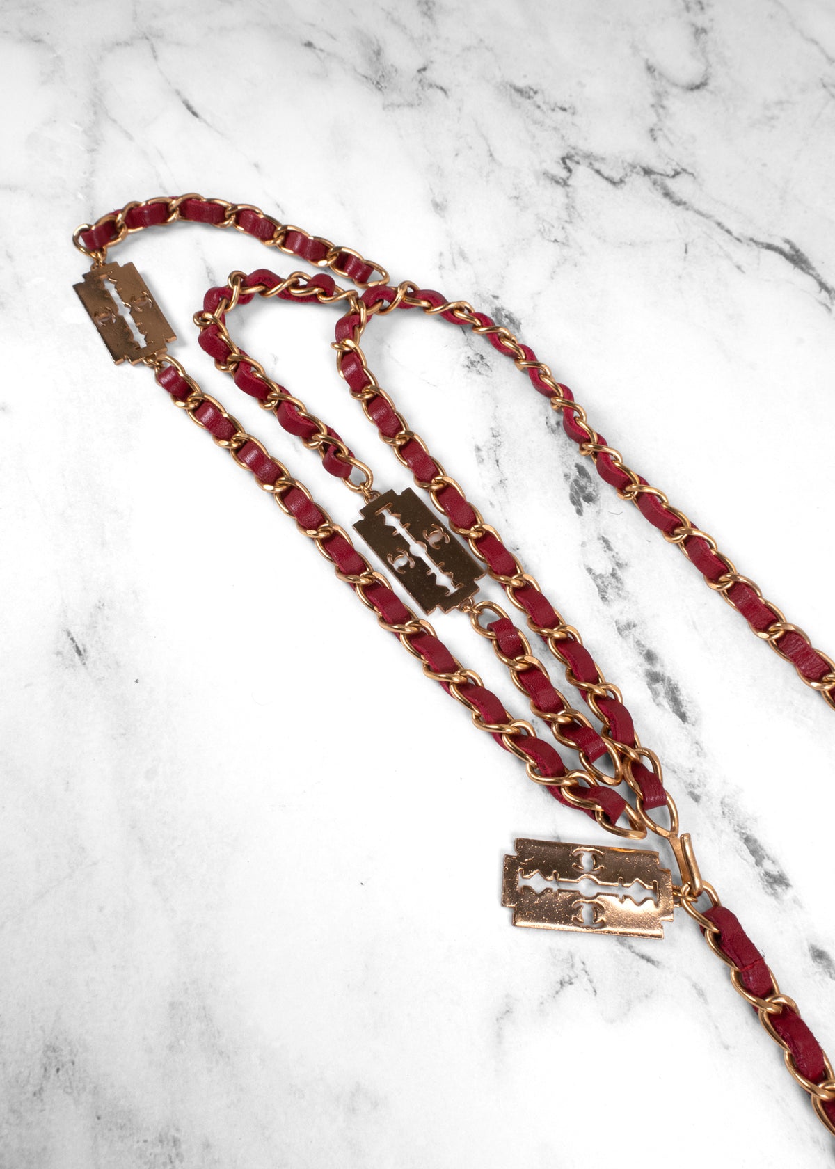 Chanel Vintage 2004 Red Leather Razor Blade CC Gold Chain Belt