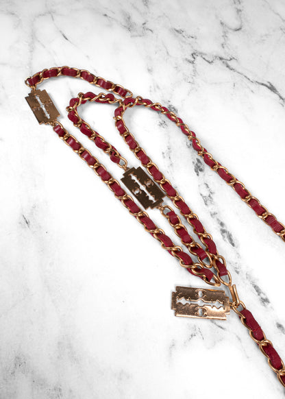 Chanel Vintage 2004 Red Leather Razor Blade CC Gold Chain Belt