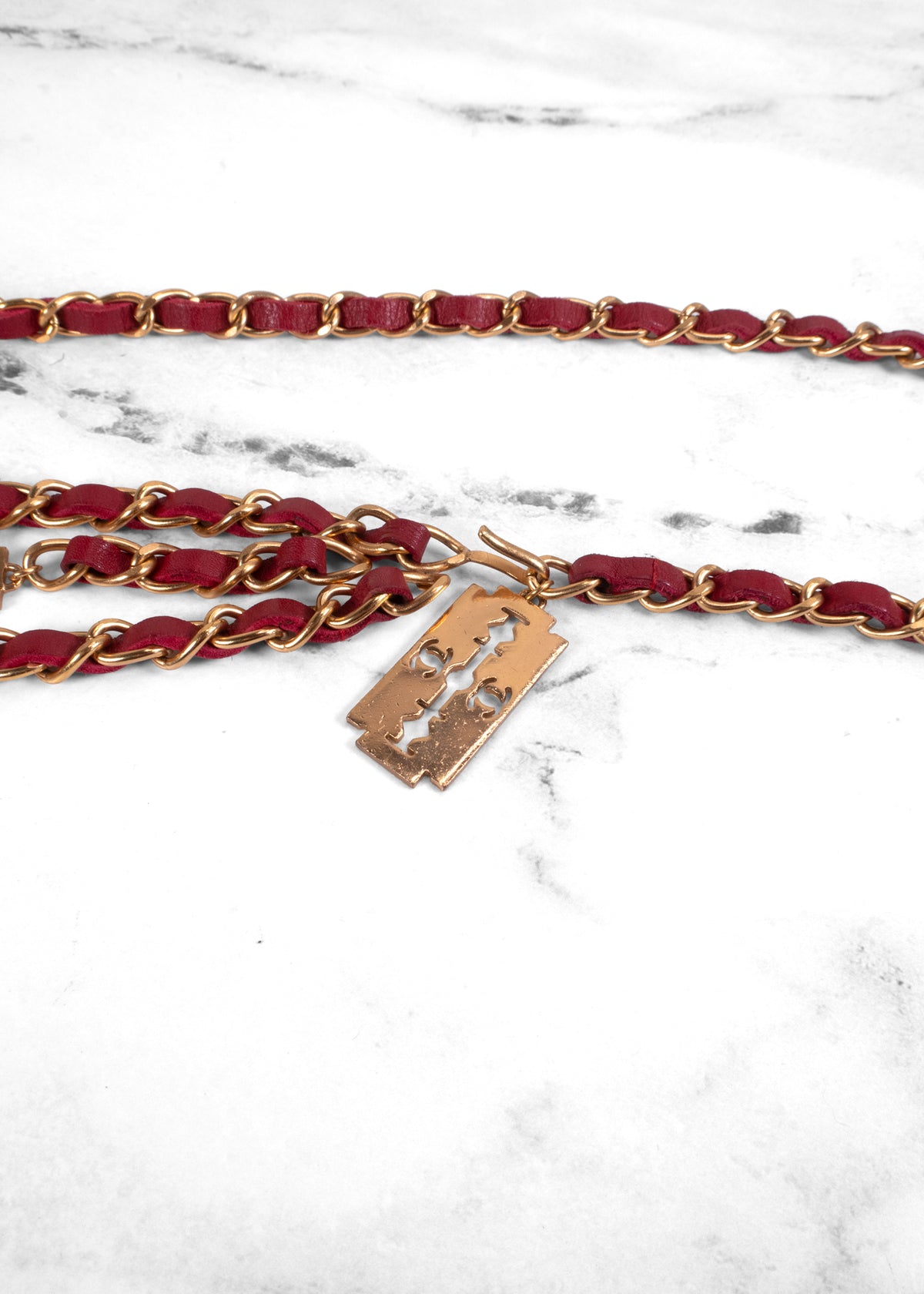 Chanel Vintage 2004 Red Leather Razor Blade CC Gold Chain Belt