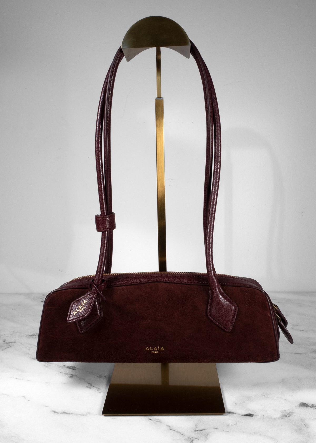 Alaïa Wine Red Suede & Grainy Leather Teckel Shoulder Bag with Mirror
