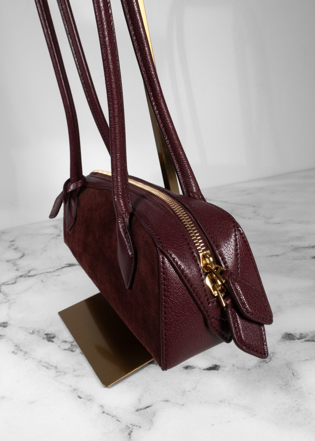 Alaïa Wine Red Suede & Grainy Leather Teckel Shoulder Bag with Mirror