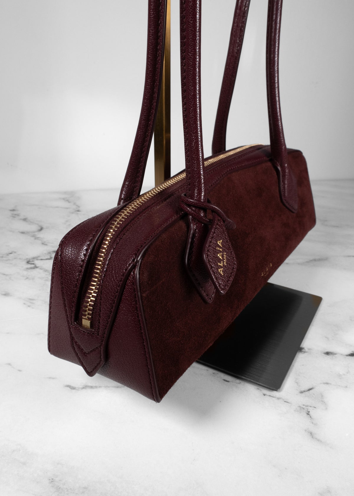 Alaïa Wine Red Suede & Grainy Leather Teckel Shoulder Bag with Mirror