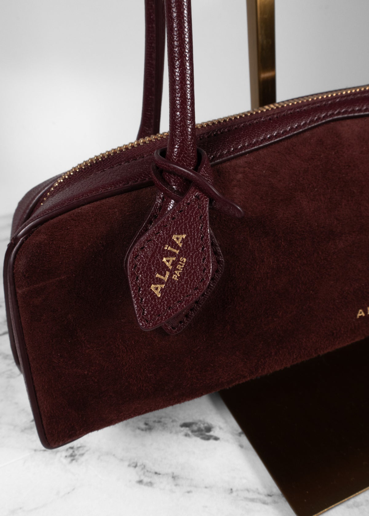 Alaïa Wine Red Suede & Grainy Leather Teckel Shoulder Bag with Mirror