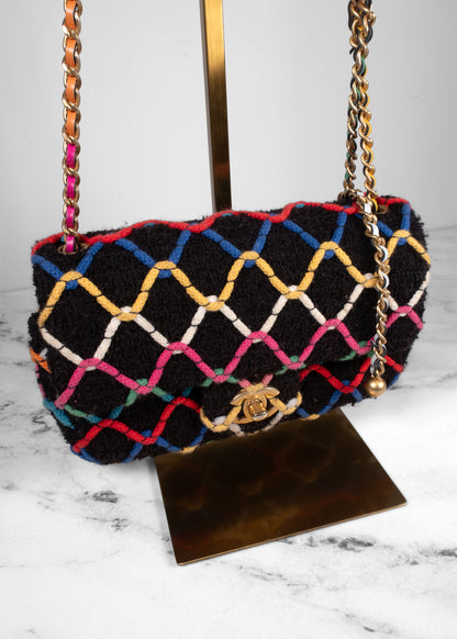 Chanel Black Bouclé Multi-Color Braided Flap Bag with Pearl Ball Strap