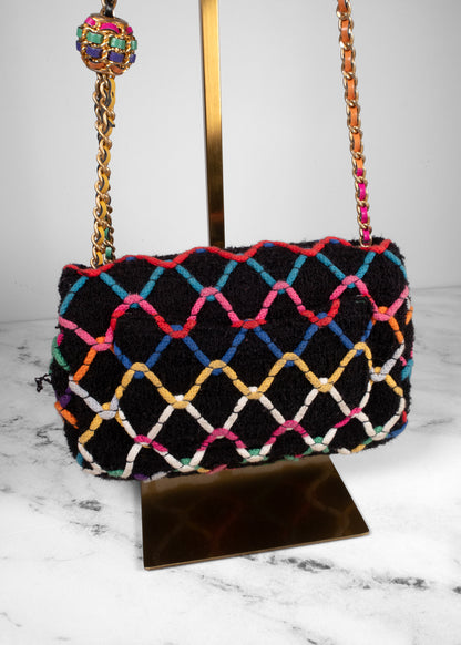 Chanel Black Bouclé Multi-Color Braided Flap Bag with Pearl Ball Strap