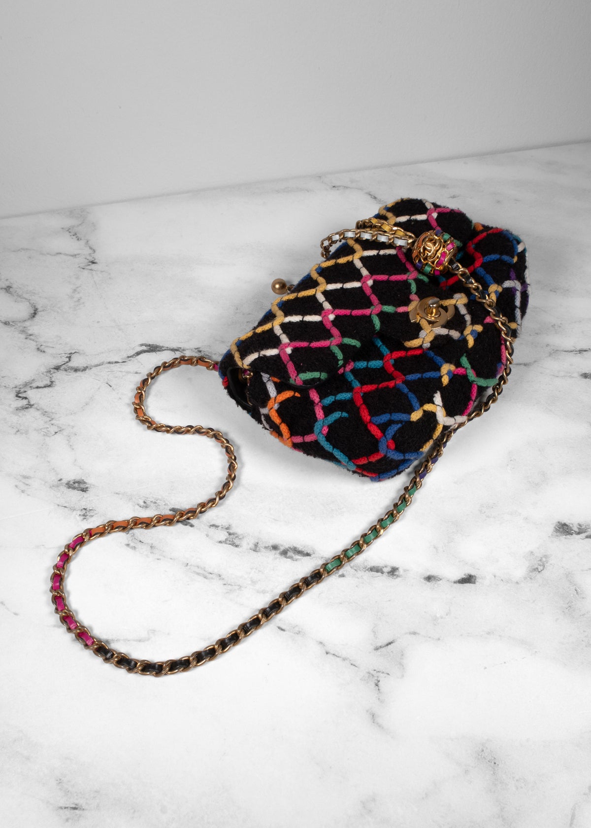 Chanel Black Bouclé Multi-Color Braided Flap Bag with Pearl Ball Strap