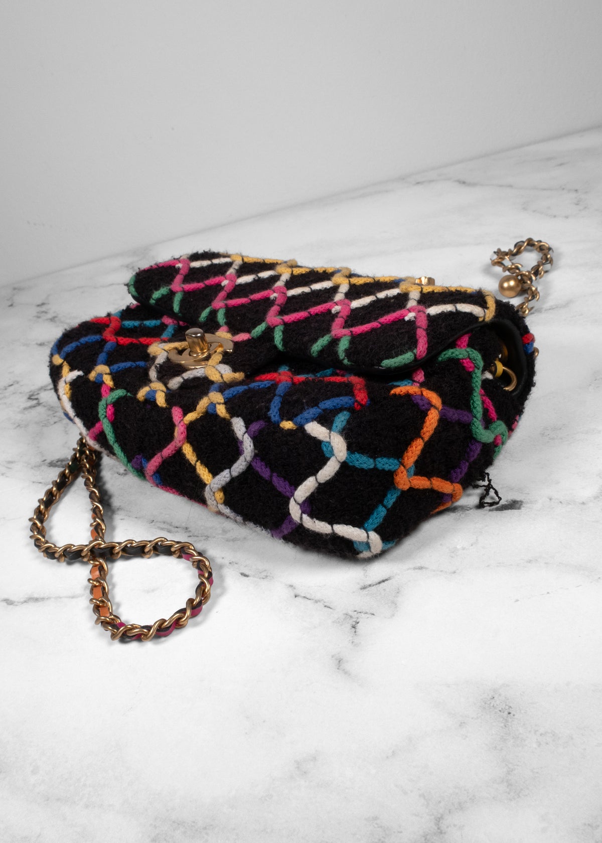 Chanel Black Bouclé Multi-Color Braided Flap Bag with Pearl Ball Strap
