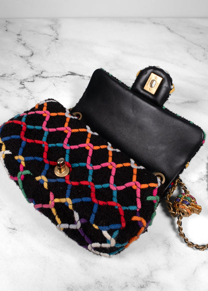 Chanel Black Bouclé Multi-Color Braided Flap Bag with Pearl Ball Strap