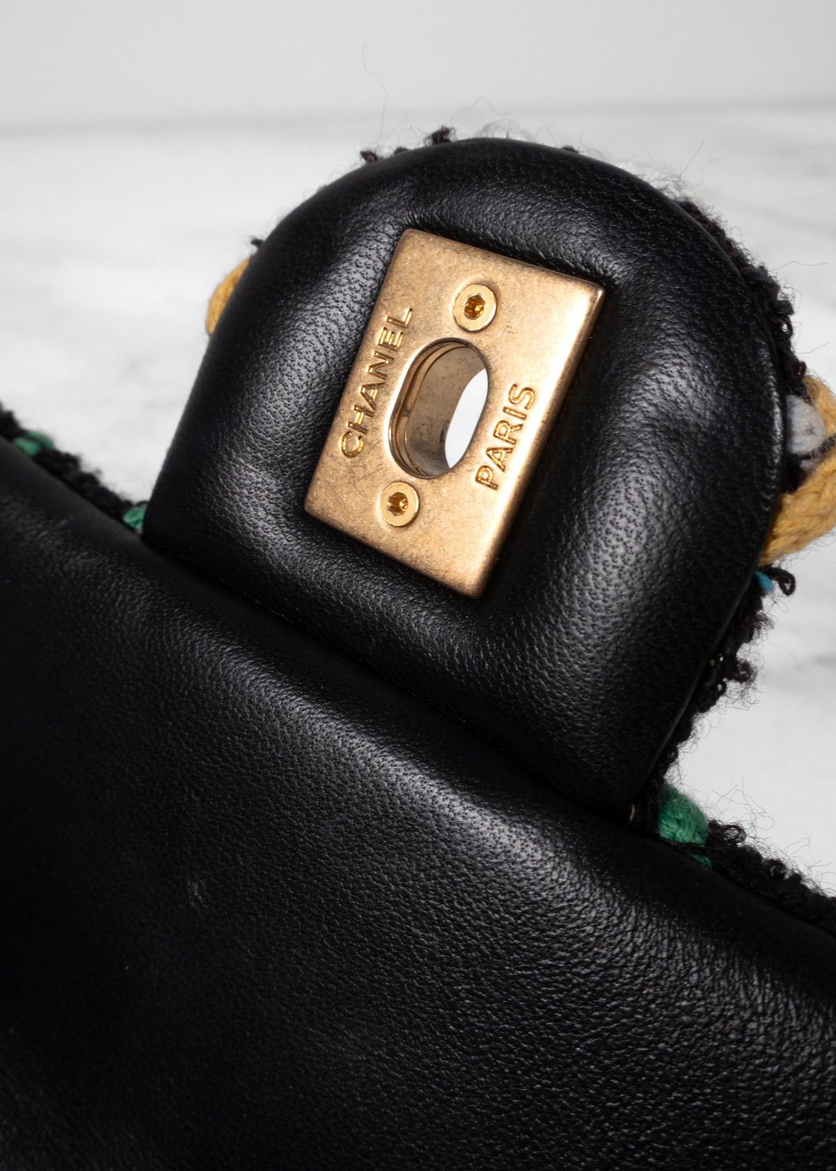 Chanel Black Bouclé Multi-Color Braided Flap Bag with Pearl Ball Strap