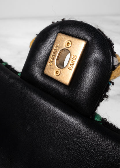 Chanel Black Bouclé Multi-Color Braided Flap Bag with Pearl Ball Strap